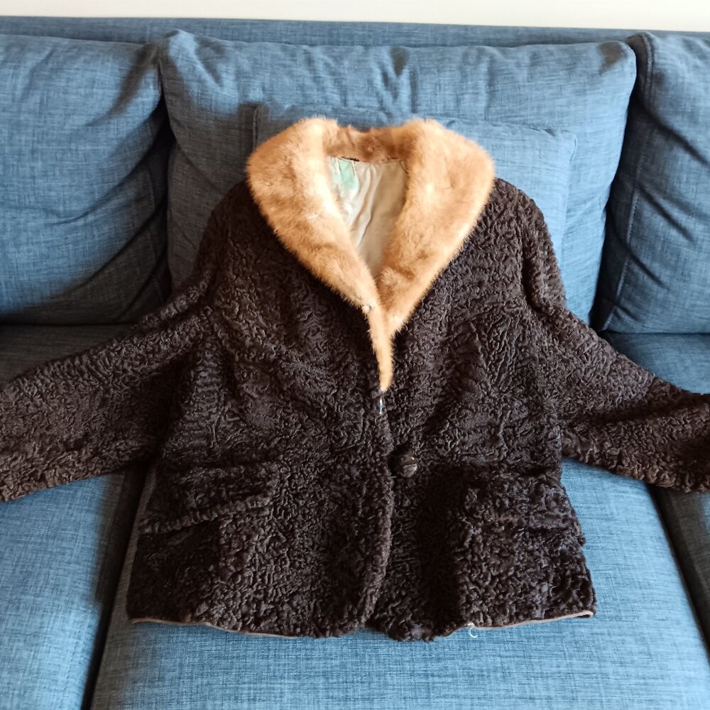Vintage Dark Brown Persian Lamb Stroller Coat Jacket Fur Collar Faux Pockets 60s